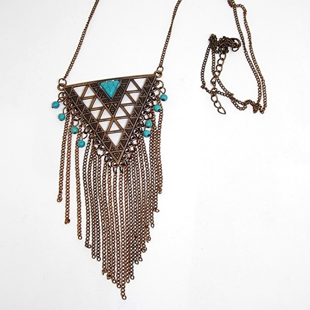 Southwest Tribal Modern Copper Long Fringe Turquoise Accent LONG 34" Necklace